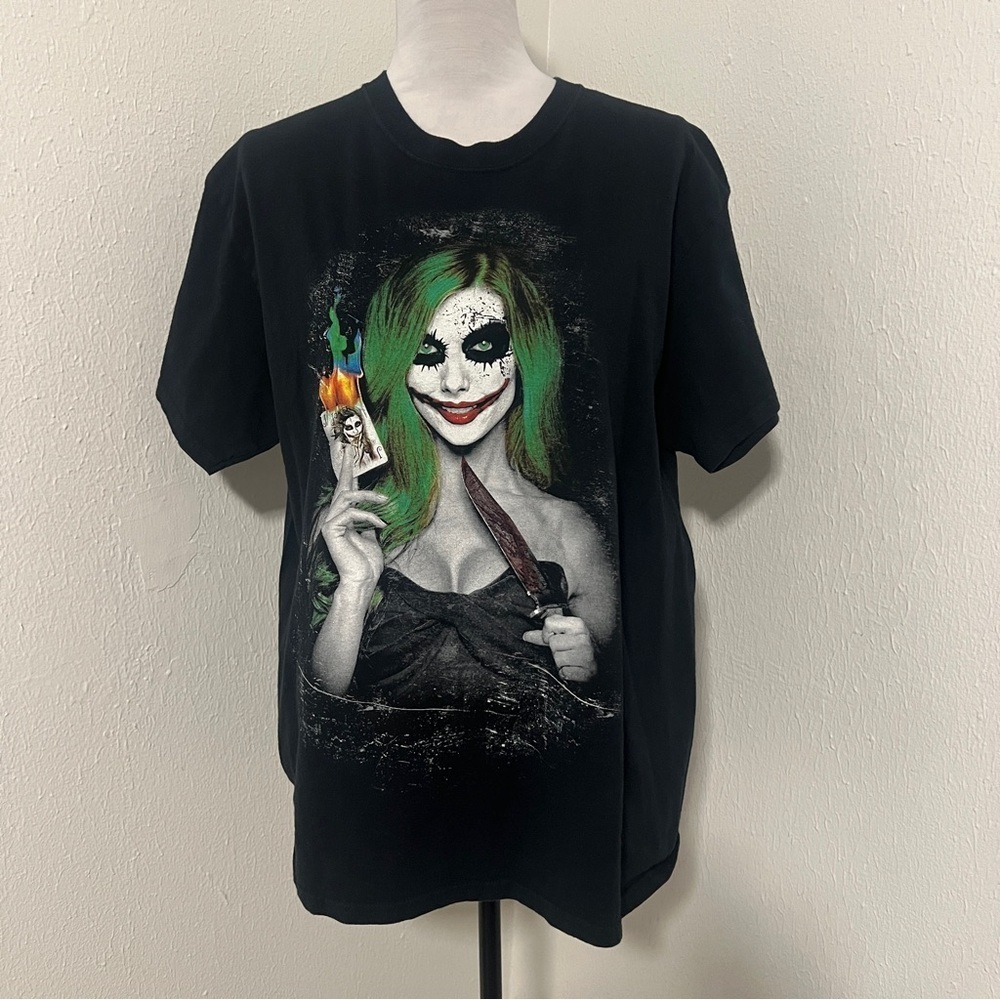 GDA Unisex Large Harley Quinn JOKER WITH KNIFE Black 100% Cotton Shirt EUC